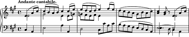 
\relative c' {
  \new PianoStaff <<
   \new Staff {
    \key a \major \time 4/4 \set Score.tempoHideNote = ##t \tempo "Andante cantabile." 4=72 \partial 2
    <<
     {
      e4( a8 cis) cis( b a b) cis4 cis8( e) e( d cis d e4) fis8( e)
      \stemDown d( cis b a gis b a cis) \stemUp <cis a>4 <b gis>8 b\rest e,4( a8 cis)
     }
    \\
     { e,2 gis e4 e8 g g fis e fis e4 s s1 s2 e2 }
    >>
   }
   \new Staff { \key a \major \time 4/4 \clef bass
    <<
     {
      \stemNeutral cis,4 a e'2 a4 a, d2 cis8 cis' a cis
      b( a gis fis e d cis a) \stemUp e'2~ e
     }
    \\
     { s2 s1 s s e4. d8 cis4 a }
    >>
   }
  >>
 }
