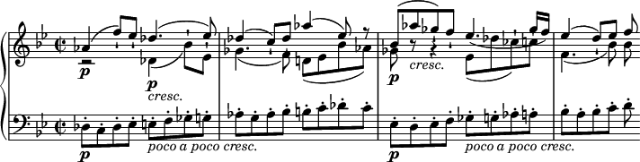 
\relative c'' {
  \new PianoStaff <<
    \new Staff <<
      \new Voice {
        \stemUp \set Staff.midiInstrument = #"string ensemble 1" \key bes \major \clef treble \time 2/2 \set Score.tempoHideNote = ##t \tempo 4 = 88
        as4 \p ^( f'8 -! ) es8 -! des4. _\markup { \italic {cresc.} } ^( es8 ) |
        des4 ^( c8 ) -! des8 -! as'4 ^( es8 ) r8 |
        bes8 ^( as'8 _\markup { \italic {cresc.} } ges8 ) -! f8 -! es4. ( ges16 f16 ) |
        es4 ^( d8 ) -! es8 -! f8 -! 
      }
      \new Voice {
        \stemDown
        r2  des,4 \p _( bes'8 ) -! es,8 -! |
        ges4. _( f8 ) d!8 _( es8 bes'8 as8 ) |
        ges8 \p r8 r4 es8 _( des'8 ces8 -! ) c8 -! |
        f,4. _( bes8 ) bes8 
      }
    >>
    \new Staff {
      \set Staff.midiInstrument = #"string ensemble 1" \key bes \major \clef bass \time 2/2
      des,,8 \p -. c8 -. des8 -. es8 -. e8  _\markup { \italic { poco a poco cresc. } } -. f8 -. ges8 -. g8 -. |
      as8 -. g8 -. as8 -. bes8 -. b8 -. c8 -. des8 -. c8 -. |
      es,8 \p -. d8 -. es8 -. f8 -. ges8 _\markup { \italic { poco a poco cresc. } } -. g8 -. as8 -. a8 -. |
      bes8 -. a8 -. bes8 -. c8 -. d8 -. 
    }
  >>
}
