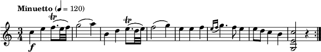 
\relative c' {
  \version "2.18.2"
  \key c \major
  \time 3/4
  \tempo "Minuetto" 4 = 120
  c'4\f e f8. \trill  (e32 f)  
  g2 (a4) b,4 d  e8. \trill  (d32 e) f2 (g4)
  e e f  \acciaccatura { e16 f }  g4. f8 e4 e8 d c4 b <g, e' c'>2 r4 \bar ":|."
}
