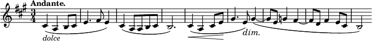 
 \relative c' { \key a \major \time 3/4 \set Score.tempoHideNote = ##t \tempo "Andante." 4=60
  cis4_\markup \italic dolce ( a b8 cis e4. fis8 e4) cis4( a8 a b cis b2.)
  cis4\<( a cis8 e\! gis4. e8) \dim gis4~( \! gis8 e g4 fis4~ fis8 d fis4 e8 cis b2) 
 }
