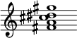 {
  % Rivin lopun pystyviiva ja tahtiosoitus piiloon.
  \override Score.BarLine.break-visibility = ##(#f #t #t)
  \override Staff.TimeSignature #'stencil = ##f
  
  <fis' a' cis'' dis'' gis''>1
}
