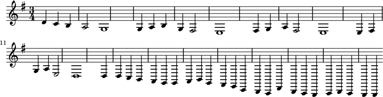 
\relative g'
{\set Staff.midiInstrument = #"piano" \key g \major \time 3/4
d c b a2 g1 g4 a b g fis2 e1 fis4 g a fis2 e1 e4 fis g a e2 d1 d4 d c b a g g a b g fis e c b a d b a g a b a g g}
