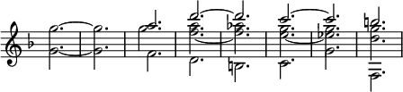 
\relative c'' {
\override Score.TimeSignature #'stencil = ##f
\new Staff { \key d \minor \time 3/4 << {\stemDown \tieDown g2.~ g} \\ {\tieUp g'~ g} >> << {\stemDown f, d b c g' f,} \\ {g'' <f a>~ <f aes>~ <e g>~ <ees g> <d g>} \\ {a' d~ d c~ c b} >> }}
