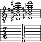  
<<
  %\override Score.BarLine.break-visibility = ##(#f #t #t)
  \time 2/1
    \new Staff  {
    \clef "treble_8"
        \once \override Staff.TimeSignature #'stencil = ##f
        <dis ais dis' fis' ais' eis''>1 | <ees bes ees' ges' bes' f''>1 |
    }

     \new TabStaff {
       \override Stem #'transparent = ##t
       \override Beam #'transparent = ##t 
      s2 <dis\6 ais\5 dis'\4 fis'\3 ais'\2 f''\1>1 s2
  }
>>
