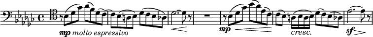 
\relative c' {
 \set Score.tempoHideNote = ##t \tempo "" 4=50 \key ges \major \time 4/4 \clef bass
 s16 \clef tenor r8*1/2_\markup { \dynamic mp \italic { molto espressivo } }
 bes8( des ges) aes( f) des( ces)~ ces bes( a bes) des( ces bes aes) des2.\< ~ des8\! r R1
 r8\mp bes( des\< ges) bes( aes) es( ces\!)
 ces( bes) a16\cresc ( bes\! a bes) des8( ces) bes( aes)
 << { \stemDown es'2.~ es8 a,\rest } \\ { s4\sf s s\> s\! } >>
}
