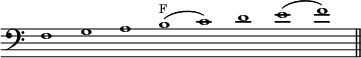 { \override Score.TimeSignature #'stencil = ##f \clef bass \cadenzaOn \tiny f1 g a b(^"F" c') d' e'( f') \bar "||" }