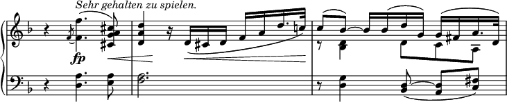 
\relative c'' {
  \new PianoStaff <<
   \new Staff \with { \remove "Time_signature_engraver" } {
    \key d \minor \time 3/4 \set Score.tempoHideNote = ##t \tempo "" 4=52
    <<
     {
      b4\rest \slashedGrace f8_~ \once \stemDown <f' f,>4.^\markup { \italic { Sehr gehalten zu spielen. } }( <cis a g cis,>8)
      <d a d,>4 b16\rest d,16_( cis d f a d16. c!32) c8( bes)~ bes16 bes( d g,) g( fis a16. d,32)
     }
    \\
     { s2. s c8\rest <d bes>4 d8 c a }
    >>
   }
   \new Dynamics {
    s4 s4.\fp s8\< s8 s\! s16 s\< s8 s8 s16. s32\!
   }
   \new Staff \with { \remove "Time_signature_engraver" } {
    \key d \minor \time 3/4 \clef bass
    r4 <a d,>4. <a e>8 <a f>2. r8 <d, g>4 <d^~ bes>8_( <d a>[ <fis c>] )
   }
  >>
 }
