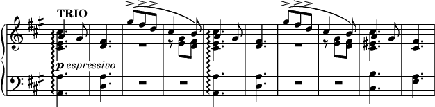 
 \relative c' {
  \new PianoStaff <<
   \set PianoStaff.connectArpeggios = ##t
   \new Staff \with { \remove "Time_signature_engraver" } { \key a \major \time 3/8 \tempo "TRIO"
    <<
     {
      a'4 gis8 <fis d>4. gis'8-> ( fis-> d-> cis4 b8)
      a4 gis8 <fis d>4. gis'8-> ( fis-> d-> cis4 b8) a4 gis8 <fis cis>4.
     }
    \\
     {
      <cis' e, cis>4.\arpeggio s R4. r8 <gis e> <fis d> <cis' e, cis>4.\arpeggio s
      R4. r8 <gis e> <fis d> <cis' eis, cis>4. s
     }
    >>
   }
   \new Dynamics {
    \override TextScript #'whiteout = ##t
    s4_\markup { \dynamic p \italic espressivo }
   }
   \new Staff \with { \remove "Time_signature_engraver" } { \key a \major \time 3/8 \clef bass
    <a, a,>4.\arpeggio <a d,> R R <a a,>\arpeggio <a d,> R R <b cis,> <a fis>
   }
  >>
 }
