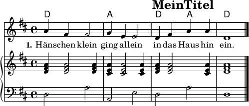 
\version "2.20.0"
\header {
 title = "MeinTitel"
 % subtitle = "MeinSubtitle"
 % poet = "Texter"
 % composer = "Komponist"
 % arranger = "arr: ccbysa: Wikibooks (mjchael)"
}

myKey = {
  % \clef "treble"
  \time 4/4
  \tempo 4 = 100
  %%Tempo ausblenden
  \set Score.tempoHideNote = ##t
  \key d\major
}

myChords = \chordmode {
  %% Akkorde nur beim Wechsel notieren
  \set chordChanges = ##t
  % \partial 4 s4
  d1 | a1 | d2 a2  | d1 
  d,1 %Schlusston
}
myMelody = \relative c'' {
  \clef "treble"
  \myKey
  \set Staff.midiInstrument = #"trombone"
  \relative c''{ 
    a4 fis4 2 | g4  e4 2 |  
    d4 fis a a | d,1 |
    \bar "|."
  }
}

myLyrics = \lyricmode {
  \set stanza = "1."
   Häns -- chen klein | ging al -- lein | in das Haus hin | -- ein. |

}

myDiscant = {
  \clef treble \myKey
   <d' fis' a'>4 2 4 | 
   <cis' e' a'>4 2 4 | 
   <d' fis' a'>4 2 <cis' e' a'>4 | 
   <d' fis' a'>1
}

myBass =  {
  \clef bass \myKey
  d2 a a, e d a d1
}

\score {
  <<
    \new ChordNames { \myChords }
    \new Voice = "mySong" { \autoBeamOff \myMelody }
    \new Lyrics \lyricsto "mySong" { \myLyrics }
    \new PianoStaff <<
      \new Staff = "Discant" \myDiscant
      \new Staff = "Bass" \myBass
    >> 
  >>
  \midi { }
  \layout {
    \context { \Staff \RemoveEmptyStaves } 
  }
}

%% unterdrückt im raw="1"-Modus das DinA4-Format.
\paper {
  indent=0\mm
  %% DinA4 0 210mm - 10mm Rand - 20mm Lochrand = 180mm
  line-width=180\mm
  oddFooterMarkup=##f
  oddHeaderMarkup=##f
  % bookTitleMarkup=##f
  scoreTitleMarkup=##f
}
