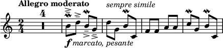 
\relative c'' \new Staff {
 \key a \minor \set Score.tempoHideNote = ##t \tempo "Allegro moderato" 4=104 \time 2/4
  \compressEmptyMeasures R2*4 b8\mordent \tenuto \accent _\markup { \dynamic f \italic { marcato, pesante } }
  d\tenuto \accent b^\mordent _\tenuto _\accent g_\tenuto _\accent
  d'^\markup { \italic { sempre simile } } g, b\mordent c, f f a a
  c\mordent g b\mordent c,
}
