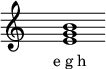 
\relative c'{
\override Staff.TimeSignature #'stencil = ##f
\cadenzaOn s1 <e g b> s1 \cadenzaOff
}
\addlyrics { \small { e_g_h } } 
