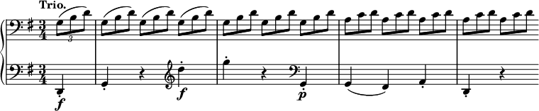 
 \relative c' {
  \new PianoStaff <<
   \new Staff { \key g \major \time 3/4 \partial 4 \tempo "Trio." \clef bass
    \times 2/3 { g8( b d) } g,8*2/3( b d) g,( b d) g,( b d)
    g, b d g, b d g, b | d a c d a c d a c d | a c d a c d
   }
   \new Staff { \key g \major \time 3/4 \clef bass \partial 4
    d,,4-.\f g-. r \clef treble d'''-.\f g-. r \clef bass g,,,-.\p g( fis) a-. d,-. r
   }
  >>
 }
