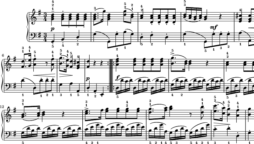 
\paper { #(set-paper-size "a3") oddHeaderMarkup = \evenHeaderMarkup }
\header { tagline = ##f }
\version "2.18.2"
\score {
\midi {  }
\layout { line-width = #220
indent = 2\cm}
\new PianoStaff <<
\new Staff = "up" { \clef "violin" \key g \major \time 3/4 \relative g' {
<g b d>4---1-2-4 <g b d>8-.[<g b d>_. <g b d>_. <g b d>_.] | <g b d>8.-3([g'16]) <g, b d>4 <d' g>8-2-5([<b d>-1-2]) | \stemUp <a c>4-2-4 <d, a' c>8-.[<d a' c>-. <d a' c>-. <d a' c>-.] | <b' d>16-3-5([<a c> <g b> <a c>]) <g b>4 r | <e g cis>-4 <e g cis>8[<e g cis> <e g cis> <e g cis>] | <fis d'>8.-1-3[<g e'>16-1-4] \stemNeutral <a fis'>4-1-5 r8 <a fis'>8-1-4 | 
<b g'>8.-2-5([<g e'>16-1-4]) <fis d'>4-2-5 <e g cis>-4 | <fis d'> r r \bar ":|.|:" <a d fis>-4 <a d fis>8[<a d fis> <a d fis> <a d fis>] | <b g'>8.^>-5([<b d>16]) <b d>4 r | <a c>-2-4 <a c>8[<a c> <a c> <a c>] | 
<g b>8.-1-3([<a c>16]) <b d>4 r | <c e>8.^>-1-3[fis16] <e g>8[<e g> <e g>-2-4 <e g>] | <d g>8.-1-3([<fis a>16]) <g b>4 r8 <d b'>-1-4 | <e c'>8.-2-5([<c a'>16-4]) <b g'>4-2-5 <a fis'>-1-4 | <b g'> r r \bar ":|."
} }
\new Staff = "down" { \clef "bass" \key g \major \time 3/4 \relative a, {
g4-._5^\p b-._4 \stemUp d-._2 | \stemNeutral g(g,8)[g'-._2 b_1(g)] | d4-._5 fis-._2 d-. | \stemDown g_1(g,8_5)[g'-._1^\mf g-._3 g-._2] | a4_1(a,8)^\<[a'-._1 a-._3 a-._2] \! | d4_1(d,8)^\<[d'-._1 d-._2 d-._1] | 
g,4_3^\> a_1\! \stemUp a,_5 | d-._1^\p a-._2 e-. \stemNeutral | d'16_5(^\f [d' c d]) d,([d' c d]) d,([d' c d]) | g,_4([d' c_2 d]) g,([d' c d]) g,([d' c d]) | d,_5([d' fis,_3  d']) d,([d' fis, d']) d,([d' fis, d']) | g,_5([d' b d]) g,([d' b d]) g,([d' b d]) | c_4([e_2 g_1 e]) c([e g e]) c([e g e]) | b_5([d_2 g_1 a,_4]) g_5([b_3 d b]) g_5([b_4 d_2 g_1]) | c,4-._3^\> d-._1\! d,-. | g-._1 d-._2 g,-. |
} }
>> }