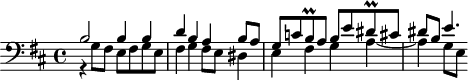 
\version "2.18.2"
\header {
  tagline = ##f
  % composer = "Johann Pachelbel"
  % opus = "Gott hat das Evangelium, P. 174"
  % meter = ""
}

\score {
<<
  \relative c' {
    \clef bass
    \key d \major
    \time 4/4
    \override TupletBracket #'bracket-visibility = ##f 

     %s8*0^\markup{Aria}
     << { b2 b4 b d b a b8 a | g c b8\prall a8 b e dis8\prall cis8 | dis b e4.*1/2 } \\ { r4 g,8 fis e fis g e  | fis4 g fis8 e dis4 | e fis g a~ | a g8 e } >>

  }
>>
  \layout {
     #(layout-set-staff-size 17)
     \context { \Score \remove "Metronome_mark_engraver" 
     \override SpacingSpanner.common-shortest-duration = #(ly:make-moment 1/2)
     }
  }
}
