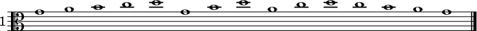 \new Staff \with {
    instrumentName = \markup \huge {"1"}
  } \relative c' {
    \clef alto
    \override Staff.TimeSignature #'stencil = ##f
    \time 15/1
    g'1 a b c d g, b d a c d c b a g
    \bar "|."
  }