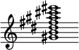 {
  % Rivin lopun pystyviiva ja tahtiosoitus piiloon.
  \override Score.BarLine.break-visibility = ##(#f #t #t)
  \override Staff.TimeSignature #'stencil = ##f
  
  <gis' b' dis'' fis'' ais'' cis''' eis'''>1
}
