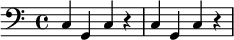  \relative c {
           \clef bass
           \key c \major
           \time 4/4
           \set Timing.beamExceptions = #'()
           \set Timing.baseMoment = #(ly:make-moment 1/4)
           \set Timing.beatStructure = #'(1 1 1 1)  
           \override Score.RehearsalMark.size = #4 
           \override Score.RehearsalMark.self-alignment-X = #LEFT 
      		  c g c r4 | c g c r4 | 
           }
