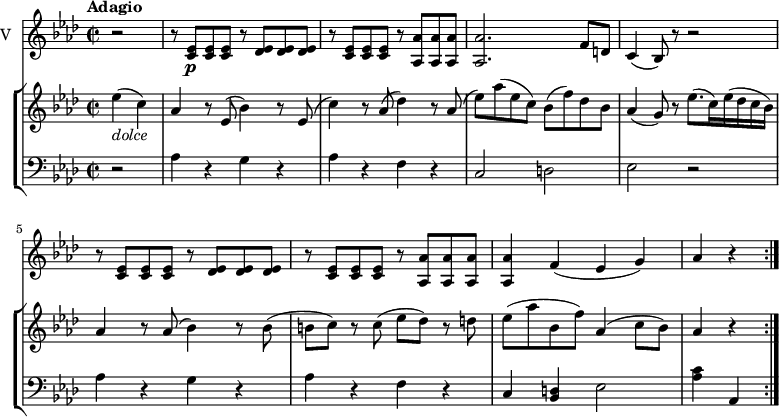 
\new GrandStaff <<
    \new StaffGroup <<
      \new Staff {
        \version "2.18.2"
        \tempo  "Adagio"
        \clef treble
        \key aes \major
        \time 2/2
        \tempo 4 = 60       
     \relative c'' {
                  \partial 2 ees4 _ \markup  \italic  {dolce}  (c)
                  aes r8 ees (bes'4) r8 ees, (c'4) r8
                  aes8 (des4) r8  aes (ees')
                  aes (ees c) bes (f') des bes
                  aes4 (g8) r ees'8. (c16) ees (des c bes)
                  aes4 r8 aes (bes4) r8 bes (b c)
                  r8 c (ees des) r d
                  ees (aes bes, f') aes,4 (c8 bes) 
                  aes4 r \bar ":|."
            }
      }
      \new Staff {
                 \clef bass 
                 \key aes \major
                 \time 2/2            
      \relative c' {
             \partial 2  r2 
             aes4 r g r 
             aes r f r
             c2 d ees r
             aes4 r g r 
             aes r f r
             c <d bes> ees2
             <aes c>4 aes,
             \bar ":|."
             }
      }
>>
    \new Staff { \set Staff.instrumentName = "V"
           \relative c'' {
              \key aes \major
              \time 2/2
            \partial 2  r2 r8  <c, ees>8 \p <c ees> <c ees> r <des ees> <des ees> <des ees>
            r <c ees> <c ees> <c ees> r <aes aes'> <aes aes'> <aes aes'>
            <aes aes'>2. f'8 d
            c4 (bes8) r r2
            r8 <c ees>8 <c ees> <c ees> r <des ees> <des ees> <des ees>
            r <c ees> <c ees> <c ees> r <aes aes'> <aes aes'> <aes aes'>
           <aes aes'>4 f' (ees g)
           aes r \bar ":|."
            } 
      }
  >>
