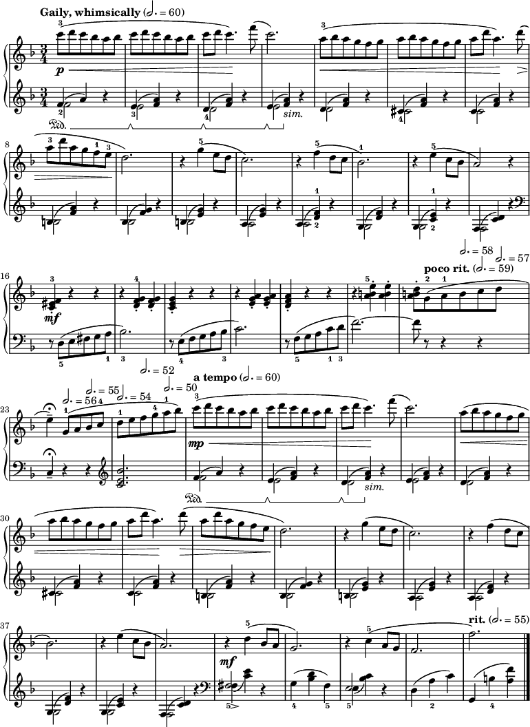 
 \relative c''{
 \new PianoStaff <<
 \new Staff {
 \clef treble
 \key f \major
 \time 3/4
 \tempo "Gaily, whimsically" 2. = 60
 c'8-3\p\< (d c bes a bes c d c bes a bes c d c4.)\! f8 (c2.)
 a8-3\< (bes a g f g a bes a g f g a d a4.)\! d8\> (a-3 d a g f-1 e-3 d2.)\!
 r4 g-5 (e8 d c2.) r4 f-5 (d8 c bes2.-1) r4 e-5 (c8 bes a2) r4
 <f eis c-3>-.\mf r r r <g f d-4>-. <g f d>-. <g e c>-. r r r <a g e>-. <a g e>-. <a f d>-. r r r
 <e' b a-5>-. <e b a>-. <d b a>8-. \tempo "poco rit." 2. = 59 g,-2 (a-1 \tempo 2. = 58 b c \tempo 2. = 57 d e4--)\fermata
 \tempo 2. = 56 g,8-1 (a \tempo 2. = 55 bes c-4 \tempo 2. = 54 d-1 e \tempo 2. = 52 f g-4 \tempo 2. = 50 a-1 bes) \tempo "a tempo" 2. = 60 c-3\mp\< (d c bes a bes
 c d c bes a bes c d c4.\!) f8 (c2.) a8\< (bes a g f g a bes a g f g a d a4.)\! d8\> (a d a g f e d2.)\! r4
 g (e8 d c2.) r4 f (d8 c bes2.) r4 e (c8 bes a2.) r4\mf d-5 (bes8 a g2.) r4 c-5 (a8 g f2. \tempo "rit." 2. = 55 f')
 }

 \new Staff {
 \clef treble
 \key f \major
 \set fingeringOrientations = #'(down)
 \set Staff.pedalSustainStyle = #'mixed
 << { f,4_2\sustainOn (a) } \\ { f2 } >> r4 << { e_3\sustainOff\sustainOn (<a f>) } \\ { e2 } >> r4 << { d_4\sustainOff\sustainOn (<a' f>) } \\ { d,2 } >> r4 << { e\sustainOff\sustainOn (<a f>\sustainOff_\markup { \italic sim. }) } \\ { e2 } >> r4
 << { d (<a' f>) } \\ { d,2 } >> r4 << { cis_4 (<a' f>) } \\ { cis,2 } >> r4 << { c (<a' f>) } \\ { c,2 } >> r4 << { b (<a' f>) } \\ { b,2 } >> r4
 << { bes (<g' f>) } \\ { bes,2 } >> r4 << { b (<g' e>) } \\ { b,2 } >> r4 << { a (<g' e>) } \\ { a,2 } >> r4 << { a (<f'-1 d-2>) } \\ { a,2 } >> r4
 << { g (<f' d>) } \\ { g,2 } >> r4 << { g (<e'-1 c-2>) } \\ { g,2 } >> r4 << { f (<d' c>) } \\ { f,2 } >> r4

 \clef bass
 r8 d_5 (e fis g a_1 bes2._3) r8 e,_4 (f g a bes_3 c2.) r8 f,_5 (g a c_1 d_3 f2.)~ f8 r r4 r c,--\fermata r r

 \clef treble
 <bes'' e, c>2. << { f4\sustainOn (a) } \\ { f2 } >> r4 << { e\sustainOff\sustainOn (<a f>) } \\ { e2 } >> r4 << { d\sustainOff\sustainOn (<a' f>\sustainOff_\markup { \italic sim. }) } \\ { d,2 } >> r4 << { e (<a f>) } \\ { e2 } >> r4
 << { d (<a' f>) } \\ { d,2 } >> r4 << { cis (<a' f>) } \\ { cis,2 } >> r4 << { c (<a' f>) } \\ { c,2 } >> r4 << { b (<a' f>) } \\ { b,2 } >> r4
 << { bes (<g' f>) } \\ { bes,2 } >> r4 << { b (<g' e>) } \\ { b,2 } >> r4 << { a (<g' e>) } \\ { a,2 } >> r4 << { a (<f' d>) } \\ { a,2 } >> r4
 << { g (<f' d>) } \\ { g,2 } >> r4 << { g (<e' c>) } \\ { g,2 } >> r4 << { f (<d' c>) } \\ { f,2 } >> r4

 \clef bass
 << { fis2_5 } \\ { fis4-> (<e' c>) } >> r g,_4 (<d' bes> f,_5) << { e2_5 } \\ { e4 (<c' bes>) } >> r d, (a'_2 c) g, (b'_4 <f' a,>)
 \bar "|."
 } >> } 