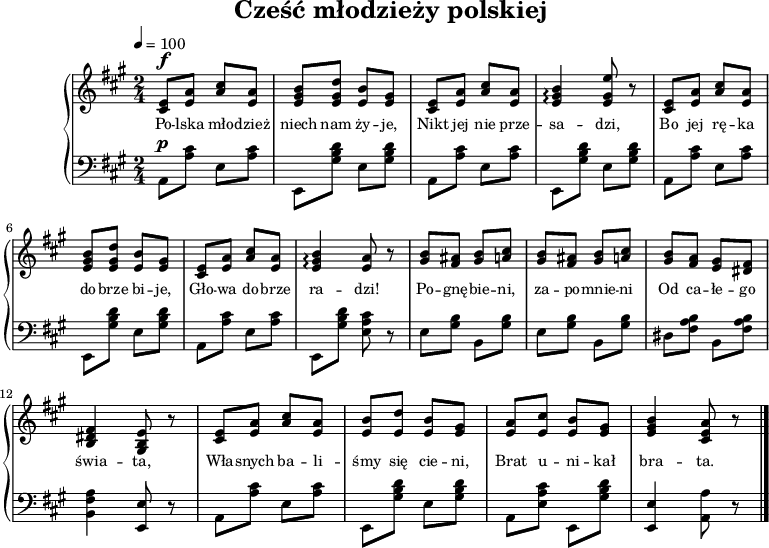 
\version "2.20.0"

\header{
title = "Cześć młodzieży polskiej"
poet = ""
composer = ""
arranger = ""
tagline = ""
}

\score{
<<
\new PianoStaff <<
\new Staff = "RH"
\relative cis' {
\clef treble
\key a \major
\time 2/4
\tempo 4=100

% tu prawa ręka

   <cis e>8^\f <e a> <a cis> <e a> |
   <e gis b> <e gis d'> <e b'> <e gis> |
   <cis e>8 <e a> <a cis> <e a> |
   <e gis b>4 \arpeggio <e gis e'>8 r |

   <cis e>8 <e a> <a cis> <e a> |
   <e gis b> <e gis d'> <e b'> <e gis> |
   <cis e>8 <e a> <a cis> <e a> |
   <e gis b>4 \arpeggio <e a>8 r |

   <gis b>8 <fis ais> <gis b> <a cis> |
   <gis b>8 <fis ais> <gis b> <a cis> |
   <gis b> <fis a> <e gis> <dis fis> |
   <b dis fis>4 <gis b e>8 r |
 
   <cis e>8 <e a> <a cis> <e a> |
   <e b'> <e d'> <e b'> <e gis> |
   <e a> <e cis'> <e b'> <e gis> |
   <e gis b>4 <cis e a>8 r \bar "|."  
}

\addlyrics { \small {
   Po -- lska mło -- dzież niech nam ży -- je,
   Nikt jej nie prze -- sa -- dzi,
   Bo jej rę -- ka do -- brze bi -- je,
   Gło -- wa do -- brze ra -- dzi!

   Po -- gnę -- bie -- ni, za -- po -- mnie -- ni
   Od ca -- łe -- go świa -- ta,
   Wła -- snych ba -- li -- śmy się cie -- ni,
   Brat u -- ni -- kał bra -- ta.
} }

\new Staff = "LH" {
\clef bass
\key a \major
\time 2/4
\tempo 4=100

% tu lewa ręka

   a,8^\p[ <a cis'>] e[ <a cis'>] |
   e,[ <gis b d'>] e[ <gis b d'>] |
   a,[ <a cis'>] e[ <a cis'>] |
   e,[ <gis b d'>] e[ <gis b d'>] |
   
   a,[ <a cis'>] e[ <a cis'>] |
   e,[ <gis b d'>] e[ <gis b d'>] |
   a,[ <a cis'>] e[ <a cis'>] |
   e,[ <gis b d'>] <e a cis'> r |

   e[ <gis b>] b,[ <gis b>] |
   e[ <gis b>] b,[ <gis b>] |
   dis[ <fis a b>] b,[ <fis a b>] |
   <b, fis a>4 <e, e>8 r |

   a,[ <a cis'>] e[ <a cis'>] |
   e,[ <gis b d'>] e[ <gis b d'>] |
   a,[ <e a cis'>] e,[ <gis b d'>] |
   <e, e>4 <a, a>8 r \bar "|."    
}
>>
>>
\midi{}
\layout{}

}
