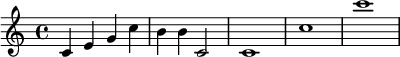 {
\time 4/4
\clef treble
c'4 e' g' c'' b' b' c'2 c'1 c'' c'''
}