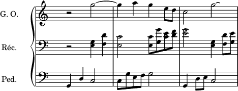 
\score {
\relative c' { 
\new PianoStaff << 
\new Staff {
\set Staff.instrumentName = #"G. O."
\clef G
\key c \major
\time 4/4
\override Staff.TimeSignature #'transparent = ##t
r2 g''2~ | g4 a g e8 d | c2 g'\laissezVibrer |
}
\new Staff  {
\set Staff.instrumentName = #"Réc."
\clef F
\key c \major
\time 4/4
\override Staff.TimeSignature #'transparent = ##t
r2 <e,, g>4 <f d'> | <e c'>2 <e c'>8 <g g'> <c e> <d f> | <e g>2 <e, g>4 <f d'>8 <g e'> |
}
\new Staff  {
\set Staff.instrumentName = #"Ped."
\clef F
\key c \major
\time 4/4
\override Staff.TimeSignature #'transparent = ##t
g,4 \stemUp d' c2 | \stemNeutral c8 g' e f g2 | g,4 d'8 e c2 |
}
>>
} %relative
\layout{
  indent = 2\cm
  line-width = #120
  \set fontSize = #-1
  \override Score.BarNumber #'break-visibility = #'#(#f #f #f)
} %layout
} %score
\header { tagline = ##f}
