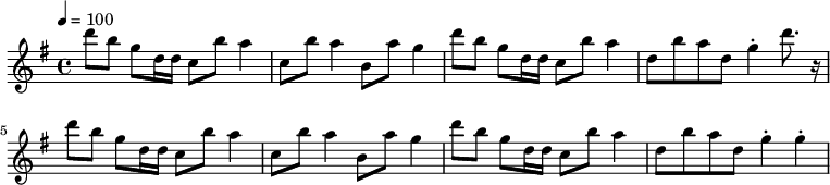 
{ \relative c'' {
 \clef treble
 \key g \major
 \tempo 4 = 100
 \time 4/4
 \set Staff.midiInstrument = "piccolo"
 d'8 b g d16 d c8 b' a4 c,8 b' a4 b,8 a' g4
 d'8 b g d16 d c8 b' a4 d,8 b' a d, g4-. d'8. r16
 d8 b g d16 d c8 b' a4 c,8 b' a4 b,8 a' g4
 d'8 b g d16 d c8 b' a4 d,8 b' a d, g4-. g-.
 } } 