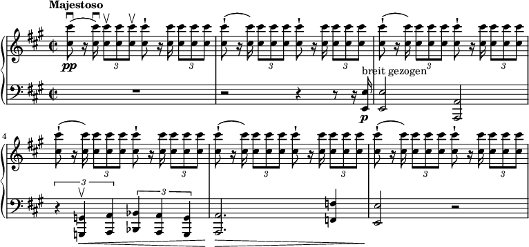 
{ \new PianoStaff <<
\new Staff \relative cis'' { \set Staff.midiInstrument = #"piano" \key a \major \clef treble \time 2/2 \set Score.tempoHideNote = ##t \tempo "Majestoso" 2 = 54
  <cis cis'>8 \pp ( \downbow r16 <cis
  cis'>16\noBeam ) \downbow \once \override TupletBracket #'stencil = ##f
  \times 2/3  {
    <cis cis'>8 \upbow <cis cis'>8 <cis cis'>8 \upbow
  }
  <cis cis'>8 -! r16 <cis cis'>16\noBeam \once \override TupletBracket
  #'stencil = ##f
  \times 2/3  {
    <cis cis'>8 <cis cis'>8 <cis cis'>8
  }
  | % 2
  <cis cis'>8 ( -! r16 <cis cis'>16\noBeam ) \once \override TupletBracket
  #'stencil = ##f
  \times 2/3  {
    <cis cis'>8 <cis cis'>8 <cis cis'>8
  }
  <cis cis'>8 -! r16 <cis cis'>16\noBeam \once \override TupletBracket
  #'stencil = ##f
  \times 2/3  {
    <cis cis'>8 <cis cis'>8 <cis cis'>8
  }
  | % 3
  <cis cis'>8 ( -! r16 <cis cis'>16\noBeam ) \once \override TupletBracket
  #'stencil = ##f
  \times 2/3  {
    <cis cis'>8 <cis cis'>8 <cis cis'>8
  }
  <cis cis'>8 -! r16 <cis cis'>16\noBeam \once \override TupletBracket
  #'stencil = ##f
  \times 2/3  {
    <cis cis'>8 <cis cis'>8 <cis cis'>8
  }
  | % 4
  <cis cis'>8 ( -! r16 <cis cis'>16\noBeam ) \once \override TupletBracket
  #'stencil = ##f
  \times 2/3  {
    <cis cis'>8 <cis cis'>8 <cis cis'>8
  }
  <cis cis'>8 -! r16 <cis cis'>16\noBeam \once \override TupletBracket
  #'stencil = ##f
  \times 2/3  {
    <cis cis'>8 <cis cis'>8 <cis cis'>8
  }
  | % 5
  <cis cis'>8 ( -! r16 <cis cis'>16\noBeam ) \once \override TupletBracket
  #'stencil = ##f
  \times 2/3  {
    <cis cis'>8 <cis cis'>8 <cis cis'>8
  }
  <cis cis'>8 -! r16 <cis cis'>16\noBeam \once \override TupletBracket
  #'stencil = ##f
  \times 2/3  {
    <cis cis'>8 <cis cis'>8 <cis cis'>8
  }
  | % 6
  <cis cis'>8 ( -! r16 <cis cis'>16\noBeam ) \once \override TupletBracket
  #'stencil = ##f
  \times 2/3  {
    <cis cis'>8 <cis cis'>8 <cis cis'>8
  }
  <cis cis'>8 -! r16 <cis cis'>16\noBeam \once \override TupletBracket
  #'stencil = ##f
  \times 2/3  {
    <cis cis'>8 <cis cis'>8 <cis cis'>8
  }
  }
\new Staff \relative e, { \set Staff.midiInstrument = #"piano" \key a \major \clef bass \time 2/2
R1 | % 2
  r2 r4 r8 r16 <e e'>16 \p ^\markup{ {breit gezogen} } | % 3
  <e e'>2 <a, a'>2 | % 4
  \times 2/3  {
    r4 <g g'>4 \< \upbow <a a'>4
  }
  \times 2/3  {
    <bes bes'>4 <a a'>4 <g g'>4
  }
  | % 5
  <a a'>2. \! \> <f' f'>4 | % 6
  <e e'>2 \! r2 }
>> }
