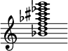 {
  % Rivin lopun pystyviiva ja tahtiosoitus piiloon.
  \override Score.BarLine.break-visibility = ##(#f #t #t)
  \override Staff.TimeSignature #'stencil = ##f
  
  <bes' d'' f'' aes'' cis''' ees''' g'''>1
}
