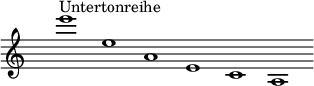 
  \new Staff {
  \time 6/1
\override Staff.TimeSignature.transparent = ##t
      \relative c''' { e1^Untertonreihe e, a, e c a % Remove bar line at the end of the current line
                                                                \once \override Score.BarLine.break-visibility = #'#(#f #t #t)
                                                                \break}
  }
