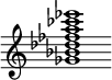 {
  % Rivin lopun pystyviiva ja tahtiosoitus piiloon.
  \override Score.BarLine.break-visibility = ##(#f #t #t)
  \override Staff.TimeSignature #'stencil = ##f
  
  <ges' bes' des'' fes'' a'' ces''' ees'''>1
}
