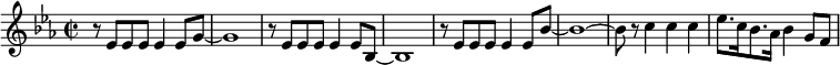 {\key es \major\time 2/2 r8 es'8 es' es' es'4 es'8 g'8~g'1 r8 es'8 es' es' es'4 es'8 bes8~bes1 r8 es'8 es' es' es'4 es'8 bes'8~bes'1~bes'8 r8 c''4 c'' c'' es''8. c''16 bes'8. as'16 bes'4 g'8 f'8  }