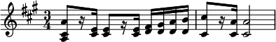 {\key a \major \time 3/4 <a cis' a'>8[ r16 <cis' e'>] <cis' e'>8[ r16 <cis' e'>] <d' fis'>16 <d' gis'> <d' a'> <d' b'> <cis' cis''>8[ r16 <cis' a'>] <cis' a'>2}