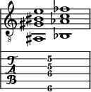  
<<
  %\override Score.BarLine.break-visibility = ##(#f #t #t)
  \time 2/1
    \new Staff  {
    \clef "treble_8"
        \once \override Staff.TimeSignature #'stencil = ##f
        <ais,  gis bis e' >1 | <bes,  aes c' fes' >1 |
    }

     \new TabStaff {
       \override Stem #'transparent = ##t
       \override Beam #'transparent = ##t 
      s2 <ais,\6  gis\4 c'\3 e'\2 >1 s2
  }
>>
