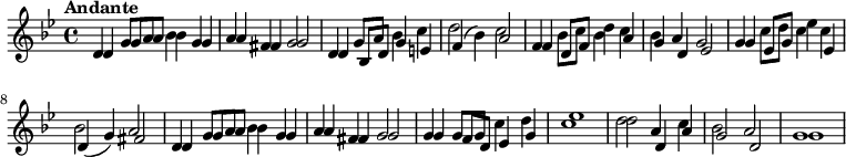 

%VoiceLo = relative g' {
%}
%VoiceHi = relative {}

  \new Staff {
\set Staff.midiInstrument = #"fiddle"
    \autoBeamOff
    \tempo "Andante"
    \key g \minor
    
    <<
        \new Voice { \relative g' { d4 g8 a bes4 g | a fis g2 | 
         d4 g8 a bes4 c | d2 c2 |
         f,4 bes8 c d4 c | bes a g2 |
         g4 c8 d es4 c | bes2 a |
         d,4 g8 a bes4 g | a fis g2 |
         g4 g8 g c4 d | es1 |
         d2 a4 c | bes2 a g1  |
        } }

        \new Voice { \relative g' { d4 g8 a bes4 g | a fis g2 | 
         d4 bes8 d g4 e | f4( bes) a2 |
         f4 d8 f bes4 a | g d es2 |
         g4 es8 g c4 es, | d4( g) fis2 |
         d4 g8 a bes4 g | a fis g2 |
         g4 f8 d es4 g | c1 |
         d2 d,4 a' | g2 d g1 |
        } }
    >>
  }
  \addlyrics {

  }

