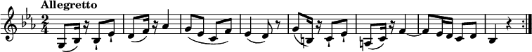 
\relative c'' {
  \key ees \major
  \time 2/4
  \tempo "Allegretto"
  \tempo 4 = 80
  g,8 (bes16) r bes8-! ees-!
  d (f16) r aes4
  g8 (ees c f)
  ees4 (d8) r
  g8 (b,16) r c8-! ees-!
  a, (c16) r f4 ~  f8 ees16 d c8 d 
  bes4 r \bar ":|."
}
