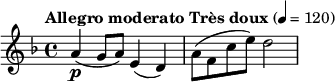 \\relative c'' {\\key f \\major \\tempo "Allegro moderato Très doux" 4 = 120 a4\\p (g8 a8) e4 (d4) a'8 (f8 c'8 e8) d2}