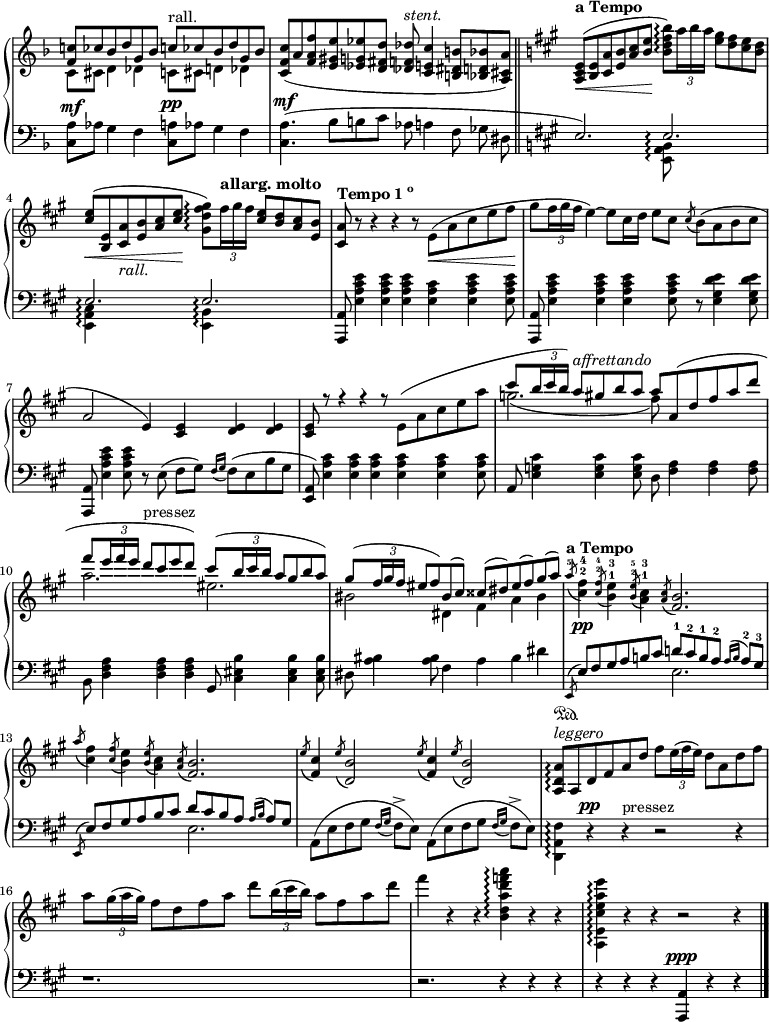 
\version "2.18.2"

\paper {
  page-count = #1
  indent=0
}
\header {  
  tagline = ""}
\layout {
  \context {
    \PianoStaff
    \consists "Span_arpeggio_engraver"
  }
}

upper = \relative c'' {
  \clef treble
  \key f \major
  \time 6/4
  \override Staff.TimeSignature #'stencil = ##f 
  \override TupletBracket.bracket-visibility = ##f
  <<
  {<f, c'!>8 ces' bes d g, bes c^"rall." ces bes d g, bes}
  \\
  {c,8 cis d4 des c8 cis d4 des }
  >> \noBreak
  <c f c'>8 (a' <f a f'> <e gis e'> <ees g ees'> <d fis d'> <des f des'>^\markup{\italic "stent."} <c e c'>4 <b dis b'>8 <bes d bes'> <a cis a'>) \bar "||" \noBreak
  \key a \major \tempo "a Tempo"
  <a cis e>8 \< (<b e> <cis a'> <e b'> <a cis> <b e>\! <b d fis b>\arpeggio ) \tuplet 3/2 {a'16 b a} <e gis>8 <d fis> <cis e> <b d> 
  %2nd line %
  < cis e>8 \< ( <b, e> <cis a'> _\markup{\italic "rall."} <e b'> <a cis> <cis e> \! <gis d' fis gis>\arpeggio) \tempo "allarg. molto" \tuplet 3/2 {fis'16 gis fis} <cis e>8 <b d> <a cis> <e b'>  \noBreak
  \tempo \markup{Tempo 1\super o}
  <cis a'>8 r r4 r r8 e\<(a cis e fis\!  \noBreak
  gis \tuplet 3/2 {fis16 gis fis} e4)~ e8 cis16 d e8 cis \acciaccatura cis \noBeam ~ b (a b cis
  a2 e4) <cis e> <d e> <d e>  \noBreak
  
  << \override TupletBracket.bracket-visibility = ##f
  {<cis e>8 r r4 r r8 \stemDown e (a cis e a | \noBreak \stemUp cis  \tuplet 3/2 {b16 cis b)} a8^\markup{\italic "affrettando"} gis! b a a a, (d fis a d | fis \tuplet 3/2 {e16 fis e} d8^"pressez" cis e d) cis (\tuplet 3/2{b16 cis b} a8 gis b a) \noBreak}
  \\
  {s1. g2. (fis8) s s2 a2. eis2.}
  >>
  << \override TupletBracket.bracket-visibility = ##f
  {gis8 (\tuplet 3/2 {fis16 gis fis} eis8 fis) bis, (cis) cisis (dis) eis (fis) gis (a) \noBreak}
  \\
  {bis,2 dis,4 fis a bis}
  >>
  \tempo "a Tempo"  \set fingeringOrientations = #'(up) \override Fingering.font-size = #-5 {
  \acciaccatura a'8-5 <cis,-2 fis-4>4_\pp \override Fingering.font-size = #-5 \acciaccatura <cis-2 fis-4>8 <b-1 e-3>4 \override Fingering.font-size = #-5 \acciaccatura <b-2 e-5>8 <a-1 cis-3>4 \acciaccatura <a cis>8 <fis b>2. }
  \acciaccatura a'8 <cis, fis>4 \acciaccatura <cis fis>8 <b e>4 \acciaccatura <b e>8 <a cis>4 \acciaccatura <a cis>8 <fis b>2. \noBreak
  \acciaccatura e'8 <fis, cis'>4 \acciaccatura e'8 <d, b'>2 \acciaccatura e'8 <fis, cis'>4 \acciaccatura e'8 <d, b'>2  \noBreak
  <a d a'>8\arpeggio^\markup{\italic leggero} a d fis a d fis \tuplet 3/2 {e16 (fis e)} d8 a d fis
  a \tuplet 3/2 {gis16 (a gis)} fis8 d fis a d \tuplet 3/2 {b16 (cis b)} a8 fis a d  \noBreak
  fis4 r r <b,, d a' d f a>4\arpeggio r r \noBreak
  <a, e' cis' e a e'>\arpeggio r r r2 r4 \bar "|."
  
}

lower = \relative c {
  \clef bass
  \key f \major
  \time 6/4
  \override Staff.TimeSignature #'stencil = ##f 
  \stemDown
   <c a'>8^\mf aes' g4 f  <c a'>8^\pp aes' g4 f
  
  \set Staff.connectArpeggios = ##t
  <<
  { \stemDown <c a'>4.^\mf (bes'8 b c aes a4 f8 \noBeam ges \noBeam dis \bar "||" \key a \major \stemUp e2.) e2.\arpeggio}
  \\
  {s1. s2. <e, a b>8\arpeggio}
  >>
  <<
  {e'2.\arpeggio e2.\arpeggio}
  \\
  { <e, a cis>4\arpeggio s2 <e b'>4\arpeggio}
  >>
  \stemUp <a, a'>8 \stemDown \repeat unfold 3 <e'' a cis e>4 <e a cis> <e a cis e> <e a cis e>8 
  \stemUp <a,, a'>8 \stemDown \repeat unfold 3 <e'' a cis e>4 <e a cis e>8 r <e gis d' e>4 <e gis d' e>8
  \stemUp <a,, a'>8 \stemDown <e'' a cis e>4 <e a cis e>8 r e8 (fis gis) \appoggiatura {fis16 gis} fis8 (e b' gis
  \stemUp <a, e>) \stemDown  \repeat unfold 5 <e' a cis>4 <e a cis>8
  \stemUp a,8 \stemDown <e' g cis>4 <e g cis>4 <e g cis>8 d <fis a>4 <fis a> <fis a>8
  <<
  {\stemDown b,8 <d fis a>4 <d fis a> <d fis a>  <cis eis b'>4 <cis eis b'> <cis eis b'>8}
  \\
  {s4 s4 s4 \stemUp gis8}
  >> 
  \stemDown {dis'8 <a' bis>4 <a bis>8 fis4 a bis dis}
  <<
  {\acciaccatura e,,8 \sustainOn e' fis gis a b! cis d!-1 cis-2 b-1 a-2 \appoggiatura {a16 b} a8-2 gis-3
  \acciaccatura e,8 e' fis gis a b cis d cis b a \appoggiatura {a16 b} a8 gis}
  \\
  {s2. e2. s2. e2.}
  >>
  a,8 (e' fis gis \appoggiatura {fis16 gis} fis8\accent e) a,8 (e' fis gis \appoggiatura {fis16 gis} fis8\accent e)
  <d, a' fis'>4\arpeggio r^\pp r^"pressez" r2 r4 r1. r2. r4 r r | \stemUp r r r <a a'>4^\ppp r r \bar "|."
}

\score {
  \new PianoStaff <<
    \new Staff = "upper" \upper
    \new Staff = "lower" \with {\consists "Span_arpeggio_engraver"} \lower
  >>
  \layout { }
  \midi { }
}
