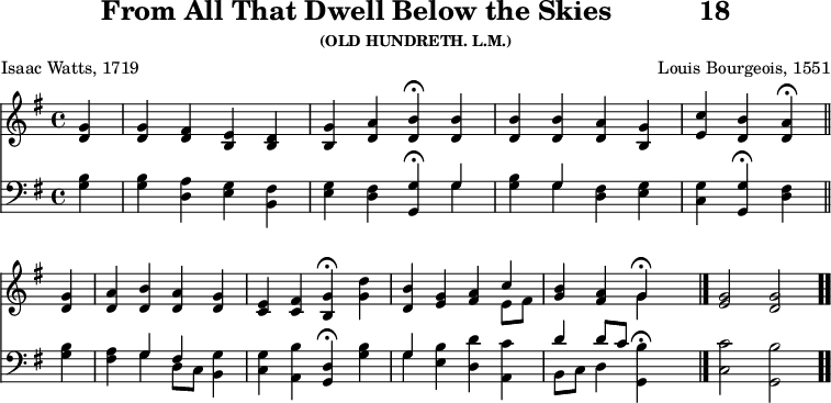 \version "2.16.2" 
\header { tagline = ##f title = \markup { "From All That Dwell Below the Skies" "          " "18" } subsubtitle = "(OLD HUNDRETH. L.M.)" composer = "Louis Bourgeois, 1551" poet = "Isaac Watts, 1719" }
\score { << << \new Staff { \key g \major \set Staff.midiInstrument = "church organ" \time 4/4 \partial 4 \relative g' {
  <g d>4 | q <fis d> <e b> <d b> |
  <g b,> <a d,> <b d,>\fermata q |
  q q <a d,> <g b,> | <c e,> <b d,> <a d,>\fermata \bar "||" \break
  <g d> | <a d,> <b d,> <a d,> <g d> |
  <e c> <fis c> <g b,>\fermata <g d'> |
  <b d,> <g e> <a fis> << { c } \\ { e,8[ fis] } >> |
  <b g>4 <a fis> << { g\fermata } \\ { g } >> s \bar "|."
  <g e>2 <g d> \bar ".." } }
\new Staff { \clef bass \key g \major \set Staff.midiInstrument = "church organ" \relative g {
  <g b>4 | q <d a'> <e g> <b fis'> |
  <e g> <d fis> <g, g'>\fermata << { g' } \\ { g } >> |
  <g b> << { g } \\ { g } >> <d fis> <e g> |
  <c g'> <g g'>\fermata <d' fis> % end of first line
  <g b> | <fis a> << { g fis } \\ { g d8[ c] } >> <b g'>4 |
  <c g'> <a b'> <g d'>\fermata <g' b> |
  << { g } \\ { g } >> <e b'> <d d'> <a c'> |
  << { d' d8[ c] } \\ { b,8[ c] d4 } >> <g, b'>\fermata s
  <c c'>2 <g b'> } } >> >>
\layout { indent = #0 }
\midi { \tempo 4 = 76 } }
