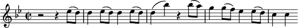 
\relative c'' {
\key g \minor
\time 2/2
r2 r4 es8( d) |
d4 es8( d) d4 es8( d)|
d4( bes') r bes8( a)|
g4 g8( f) es4 es8( d)|
c4 c
}
