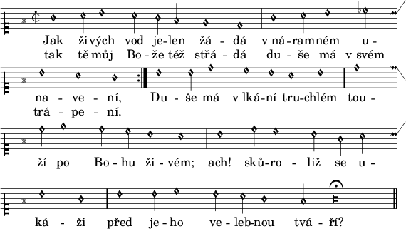 
divisio = {\once \override Staff.BarLine #'transparent = ##f \bar "|"}
finalis = {\once \override Staff.BarLine #'transparent = ##f \bar "||"}
\paper {paper-width = 16\cm}
\header {tagline = ##f}
\score {
\new Score \with {\remove "Bar_number_engraver"} <<
 \new MensuralVoice = "discant" \relative g' {
  \override NoteHead #'style = #'petrucci
  \clef "petrucci-c1"
  \autoBeamOff
  \key g \major
  \time 2/2
  \repeat volta 2 {
   g1 a2 b1 a2 g fis e1 d \divisio
   g a2 b1 ces2 b1 a g \divisio
   }
  b b2 d1 c2 b a b1 \divisio
  d d2 e1 d2 c b a1 \divisio
  b d2 c1 b2 g a b1 g \divisio
  b b2 c1 b2 a g1 fis2 g\breve^\fermata \finalis
  }
  \new Lyrics \lyricsto "discant" {
Jak ži -- vých vod je -- len žá -- dá
v_ná -- ram -- ném u -- na -- ve -- ní,
Du -- še má v_lká -- ní tru -- chlém
tou -- ží po Bo -- hu ži -- vém;
ach! sků -- ro -- liž se u -- ká -- ži
před je -- ho ve -- leb -- nou tvá -- ří?
  }
  \new Lyrics \lyricsto "discant" {
tak tě můj Bo -- že též střá -- dá
du -- še má v_svém trá -- pe -- ní.
  }
>>
}
\layout {indent = 0}
