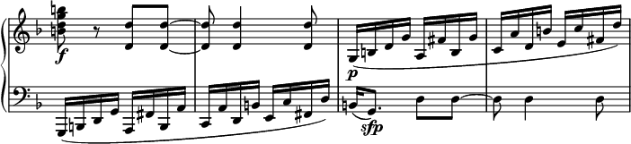
 \relative c' {
  \new PianoStaff <<
   \new Staff \with { \remove "Time_signature_engraver" } { \key f \major \time 2/4 
    <b'' g d b>8\f r <d, d,> <d~ d,~> <d d,> <d d,>4 <d d,>8 g,,16\p( b d g a, fis' b, g' c, a' d, b' e, c' fis, d')
   }
   \new Staff \with { \remove "Time_signature_engraver" } { \key f \major \time 2/4 \clef bass
    g,,,,( b d g a, fis' b, a' c, a' d, b' e, c' fis, d') b( g8.\sfp) d'8 d~ d d4 d8
   }
  >>
 }
