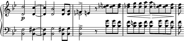 
\relative c'' {
  \new PianoStaff <<
   \new Staff \with { \remove "Time_signature_engraver" } { \key bes \major \time 4/4 \set Score.tempoHideNote = ##t \tempo "" 4=152 \partial 2.
    <<
     {
      <d d,>2\p <c~ d,_~>4 q <bes d,>2 <a d,>8 <g d>
      f!4^> e b'8\rest \stemDown <e des>8 q <f des> <f des>\< <g des> q <a des,> q\> <e des> q <f c> q\!
     }
    \\
     { s2. s1 des,2 }
    >>
   }
   \new Staff \with { \remove "Time_signature_engraver" } { \key bes \major \time 4/4 \clef bass
    <f, bes,>2 <fis~ bes,~>4 q <g bes,>2 <fis bes,>8 <g bes,>
    q2^> r8 <g' bes,> q <f bes,> q <e bes> q <f bes,> q <g bes,> q <f a,> q
   }
  >>
 }
