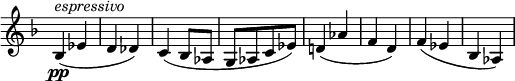 
\relative c' \new Staff \with { \remove "Time_signature_engraver" } {
 \set Score.tempoHideNote = ##t \tempo "" 4=134 \key f \major \time 2/4
 bes4\pp ^\markup \italic espressivo ( es d des) c( bes8 aes g[ aes c es] )
 d!4( aes' f d) f( es bes aes)
}
