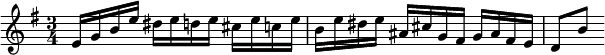 
{ \key e \minor \time 3/4 \relative e' { e16 g b e dis e d e cis e c e b e dis e ais, cis g fis g ais fis e d8[ b']} }
