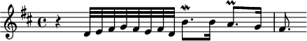 
\version "2.18.2"
\header {
  tagline = ##f
}

\score {
  \new Staff \with {

  }
<<
  \relative c' {
    \key d \major
    \time 4/4

     %% SUJET fugue CBT I-5, BWV 850, ré majeur
     r4 d32 e fis g fis e fis d b'8.\mordent b16 a8.\prall g16 fis8.
  }
>>
  \layout {
     \context { \Score \remove "Metronome_mark_engraver" }
  }
  \midi {} 
}
