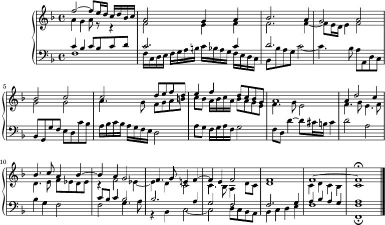 
\version "2.18.2"
\header {
  tagline = ##f
}
upper = \relative c'' {
  \clef treble 
  \key f \major
  \time 4/4
  \tempo 4 = 82
  \set Staff.midiInstrument = #"church organ"

    << { f2~ f8 e16 d c d bes c | a2 g4 a | bes2. a4 | g2 a | } \\ { a4 g a8 r8 r4 | f2 e4 f | f2. f4~ | f8 e16 d e4 f2 } >>
    % Ms 5
    << { bes2 c | c d8 e f d | e4 f d8 c bes g | a1 | a4 d2 c4 | } \\ { g2 g | a4. g8 f g a b | c bes a16 bes c a | bes8 a g e | f4. g8 e2 | f4. g8 e4. f8 | } >>
    % Ms 10
    << { bes4. c8 a4 bes~ | bes a g2 | f4. g8 e!4 f~ | f4 e  f2 | f1 | f1~ f1\fermata } \\ { d4. e8 f ees d ees r4 f2 ees4~ | ees d c2 | c4. bes8 a4 d8 c | d1 | c4  d c bes | \tempo 4 = 50 c1 } >>
}

lower = \relative c {
  \clef bass
  \key f \major
  \time 4/4
  \set Staff.midiInstrument = #"church organ"

    << { c'4 bes c8 bes c d | c2. c4 | d2.  } \\ { f,1 | f16 c d e f g a b! c bes a g f e d c | bes8 bes' a g c2~ c4. bes8 a a, d c } >>
    bes8 g g' f e d c' bes | a16 bes c bes a g f e d2 | a'8 g f16 g a f g2 | f8 d d'4~ d8 cis16 b cis4 | d2 a |
    << { s1 | c8 bes c4 bes2 bes2. a4 | g2 f | f2. g4 | a bes a g | a1 } \\ { bes4 g f2 | f g4. a8 | r4 bes,4 c2~ | c2 d8 c bes a | bes4 c d e | f1 < f f, >1\fermata } >>
    \bar "|." 
}

\score {
  \new PianoStaff <<
    \set PianoStaff.instrumentName = #""
    \new Staff = "upper" \upper
    \new Staff = "lower" \lower
  >>
  \layout {
      #(layout-set-staff-size 17)
    \context {
      \Score
      \override SpacingSpanner.common-shortest-duration = #(ly:make-moment 1/2)
      \remove "Metronome_mark_engraver"
    }
  }
  \midi { }
}
