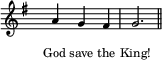 
  \new Staff \with { midiInstrument = "choir aahs" \magnifyStaff #5/7 }
  \relative g' { 
    \set Score.tempoHideNote = ##t
    \key g \major
    \time 3/4
    \tempo 4 = 60
    \hide Staff.TimeSignature
      a4 g fis g2. \bar "||"
  }
  \addlyrics {
    \override LyricText.font-size = #-2
     God save the King!
  }
