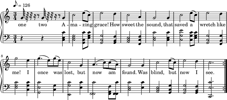  % Adding least one space before each line is recommended
 { \language "english"                % Songs have the format <score>{lots of stuff}
 \new PianoStaff << \new Staff \transpose g c \relative c'''  %try here
   {  \set Staff.midiInstrument = #"violin" \clef treble \tempo 8 = 126 \time 3/4  \key g \major
 % --------------------Start "violin" part
 d,64 r64 r32 r16 r8  d64 r64 r32 r16 r8
        d4  % 1
 g2 b8( g8) % 2
 b2 a4      % 3
 g2 e4      % 4
 d2 d4      % 5
 g2 b8( g8) % 6
 b2 a4      % 7
 d2 b4      % 8
 d4.( b8) d8( b8) % 9
 g2 d4       % 10
 e4.( g8 ) g8( e8)% 11
 d2 d4 % 12
 g2 b8( g8) % 13
 b2 a4 % 14
 g2. \bar ":|." % 15
  } % -------------------end "violin" part
\addlyrics
{one two A -- ma -- zing grace! How sweet the sound, that saved a wretch like me!
I once was lost, but now am found.  Was blind, but now I see.}
 \new Staff  \transpose g c
{ 
  \set Staff.midiInstrument = #"piano" \clef bass \time 3/4  \key g \major 
 r4 r4 <g g' b> % 1 A
 <g d' b>2 <g g' d>8 <b g' d'>8 % 2 mazing
 <d g d'>2 <d fs c'>4    % 3 grace h ow
 <e g b>2 <c g c'>4    % 4 sweet the
 <g g' b>2 <g g' b>4    % 5 sound that 
 <g d' b'>2  <g g' d'>8 <b g' d'>8 % 6 saved a
 <d g d'>2 <c fs d'>4    % 7 wretch like
 <b g' d'>2 <g g' d'>4   % 8 me I
 <g' b d>2  <g d'>4  % 9 once was 
 <b, g' d'>2 <b g'>4  % 10 lost but
 <c g' c>2 <c e c'>8 <c g' c>8 % 11 now am
 <g g' b>2 <b g'>4 % 12 found, was
 <e g b>2 <d g d'>4 % 13 blind, but
 <d g d'>2 <d fs c'>4 % 14 now I
 <g, g' b>2. % 15 see
 } >> }