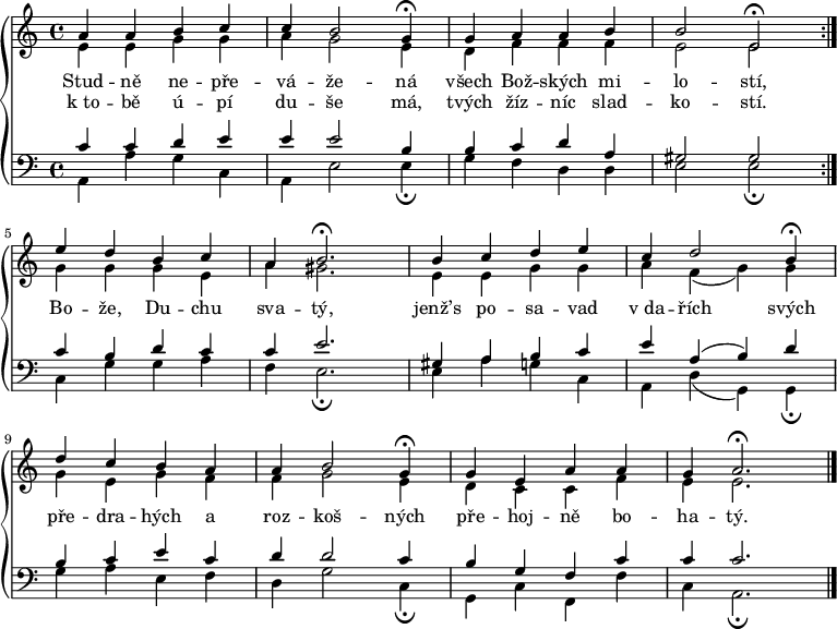 
\version "2.14.2"
\header {
tagline = ##f
}
\paper {
raggedright = ##t
raggedbottom = ##t
indent = 0\mm
}
predznamenani = { \key c \major \time 4/4}
hudba = {
  \new PianoStaff 
   <<
  \language "deutsch"
    \new Staff = horni { 
   \override Staff.BarLine#'allow-span-bar = ##f
	<< \new Voice = "prvni" {\voiceOne << \predznamenani \relative c'' { \repeat volta 2 {a4 a h c |c h2 g4 \fermata | g a a h | h2 e, \fermata} \break
										e'4 d h c| a h2. \fermata | h4 c d e | c d2 h4 \fermata |\break
										d4 c h a | a h2 g4 \fermata | g e a a | g a2. \fermata \bar "|." }>>}
 \new Voice = "druhy" {\voiceTwo <<\predznamenani \relative c' { \repeat volta 2 {e4 e g g | a g2 e4 | d f f f | e2 e }
											g4 g g e | a gis2. | e4 e g g | a f( g) g |
											g e g f | f g2 e4 | d c c f | e e2.
															}>>}
	>>
    }
    \new Lyrics \lyricsto "prvni" { Stud -- ně ne -- pře -- vá -- že -- ná všech Bož -- ských mi -- lo -- stí, 
								Bo -- že, Du -- chu sva -- tý, jenž’s po -- sa -- vad v_da -- řích svých
								pře -- dra -- hých a roz -- koš -- ných pře -- hoj -- ně bo -- ha -- tý. }
    \new Lyrics \lyricsto "prvni" { k_to -- bě ú -- pí du -- še má, tvých žíz -- níc slad -- ko -- stí. }
    \new Staff = dolni { \clef bass 
	<< \new Voice = "treti" { \voiceOne << \predznamenani \relative c' { \repeat volta 2 {c4 c d e | e e2 h4 | h c d a | gis2 gis |}
												c4 h d c | c e2. | gis,4 a h c | e a,( h) d |
												h c e c | d d2 c4 | h g f c' | c c2.}>> }
 \new Voice = "ctvrty"{ \voiceTwo << \predznamenani \relative c' { \repeat volta 2 {a,4 a' g c, | a e'2 e4 \fermata | g f d d| e2 e \fermata |}
												c4 g' g a | f e2. \fermata | e4 a g c, | a d( g,) g \fermata |
												g' a e f | d g2 c,4 \fermata | g c f, f'| c a2. \fermata}>>}
  	>> 
   }
  >>
 } 
\score {
 \hudba
 \layout {}
}
\score {
  \unfoldRepeats{
  \tempo 2 = 66
 \hudba
 }
 \midi { }
}
